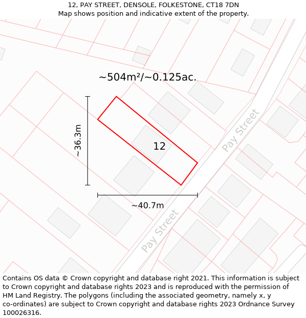 12, PAY STREET, DENSOLE, FOLKESTONE, CT18 7DN: Plot and title map