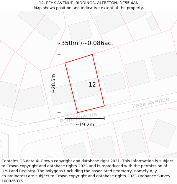 12, PEAK AVENUE, RIDDINGS, ALFRETON, DE55 4AN: Plot and title map