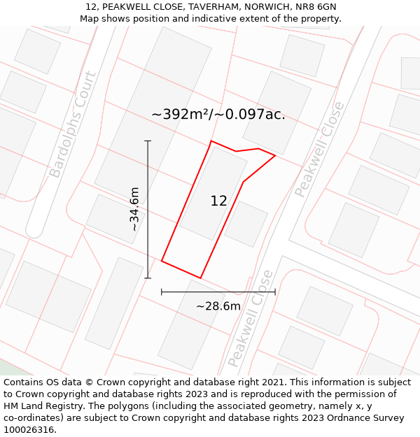 12, PEAKWELL CLOSE, TAVERHAM, NORWICH, NR8 6GN: Plot and title map