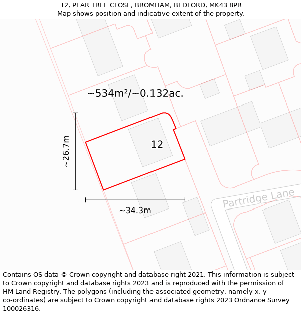 12, PEAR TREE CLOSE, BROMHAM, BEDFORD, MK43 8PR: Plot and title map