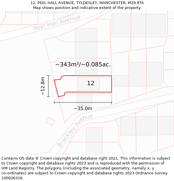 12, PEEL HALL AVENUE, TYLDESLEY, MANCHESTER, M29 8TA: Plot and title map