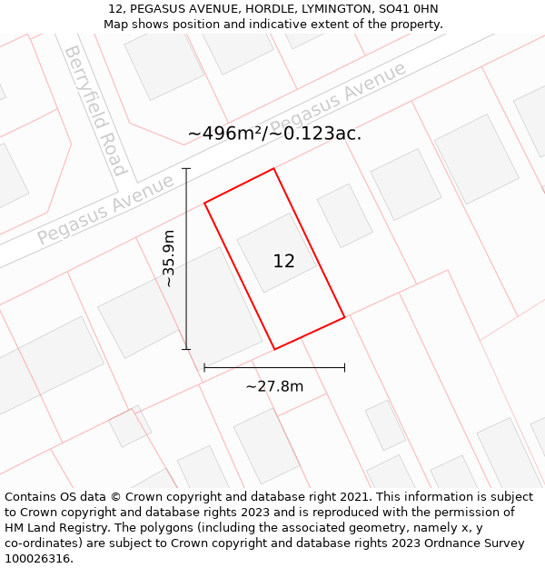 12, PEGASUS AVENUE, HORDLE, LYMINGTON, SO41 0HN: Plot and title map