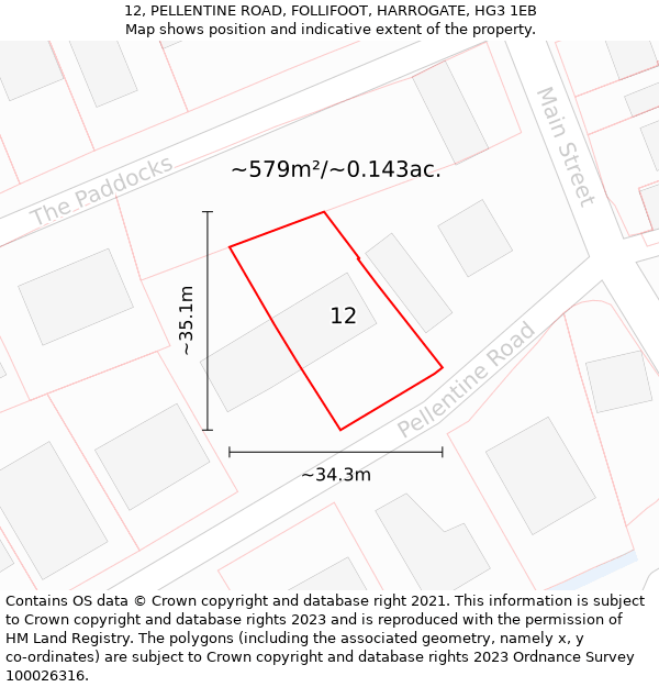 12, PELLENTINE ROAD, FOLLIFOOT, HARROGATE, HG3 1EB: Plot and title map