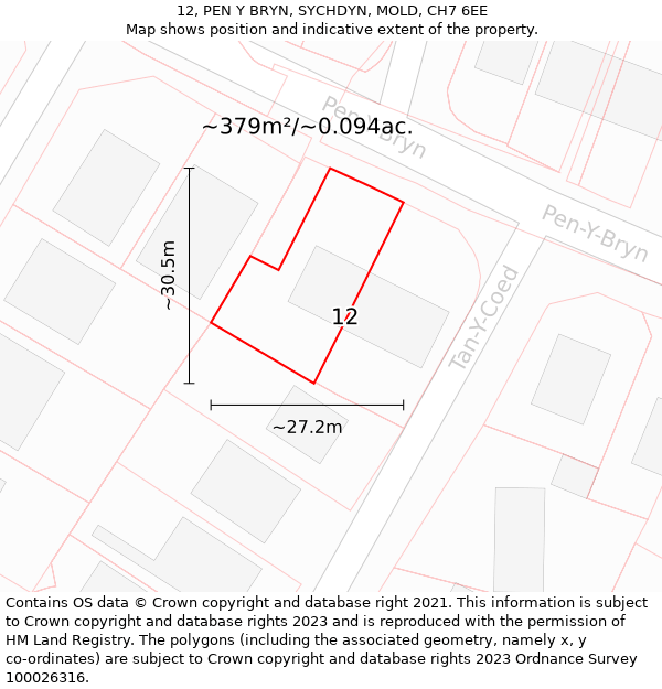 12, PEN Y BRYN, SYCHDYN, MOLD, CH7 6EE: Plot and title map