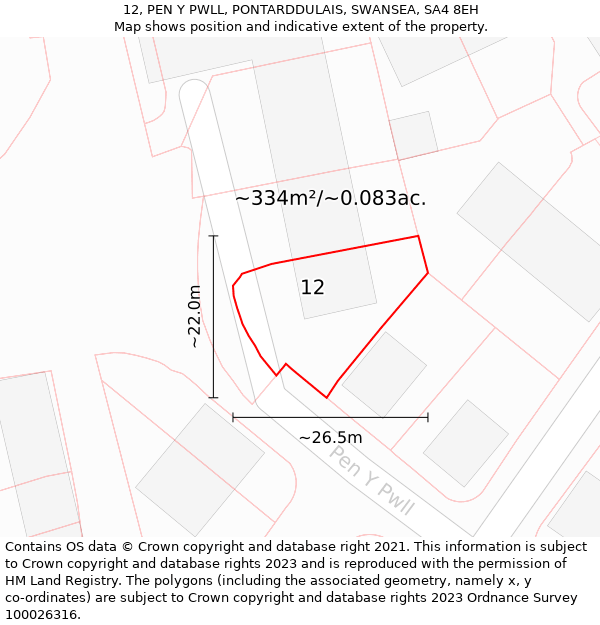 12, PEN Y PWLL, PONTARDDULAIS, SWANSEA, SA4 8EH: Plot and title map