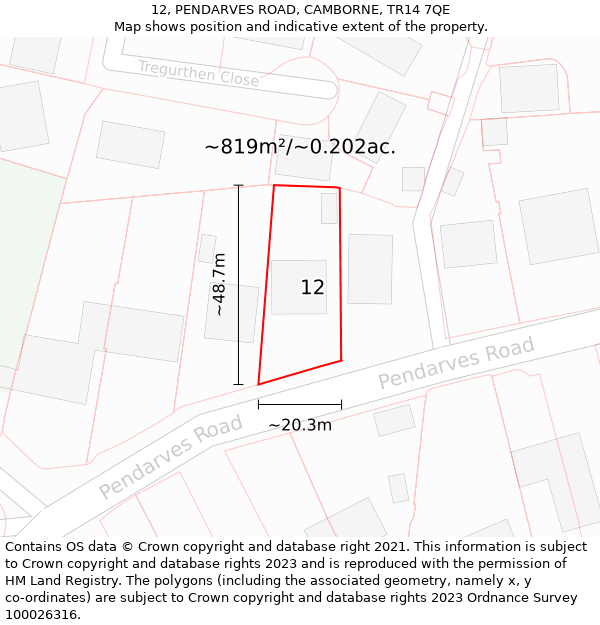 12, PENDARVES ROAD, CAMBORNE, TR14 7QE: Plot and title map