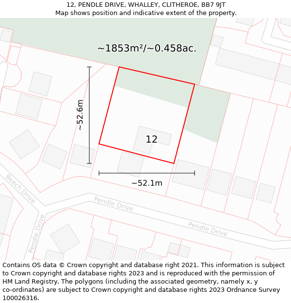 12, PENDLE DRIVE, WHALLEY, CLITHEROE, BB7 9JT: Plot and title map