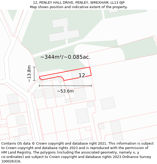 12, PENLEY HALL DRIVE, PENLEY, WREXHAM, LL13 0JP: Plot and title map