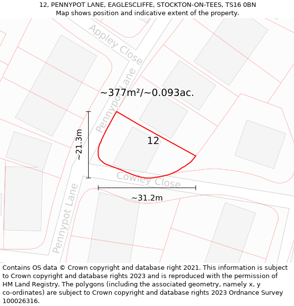 12, PENNYPOT LANE, EAGLESCLIFFE, STOCKTON-ON-TEES, TS16 0BN: Plot and title map