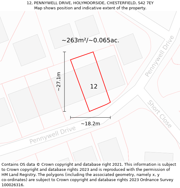 12, PENNYWELL DRIVE, HOLYMOORSIDE, CHESTERFIELD, S42 7EY: Plot and title map