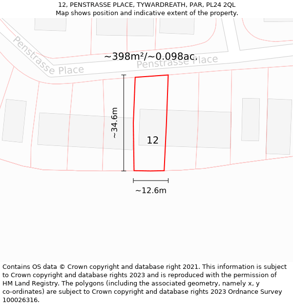 12, PENSTRASSE PLACE, TYWARDREATH, PAR, PL24 2QL: Plot and title map