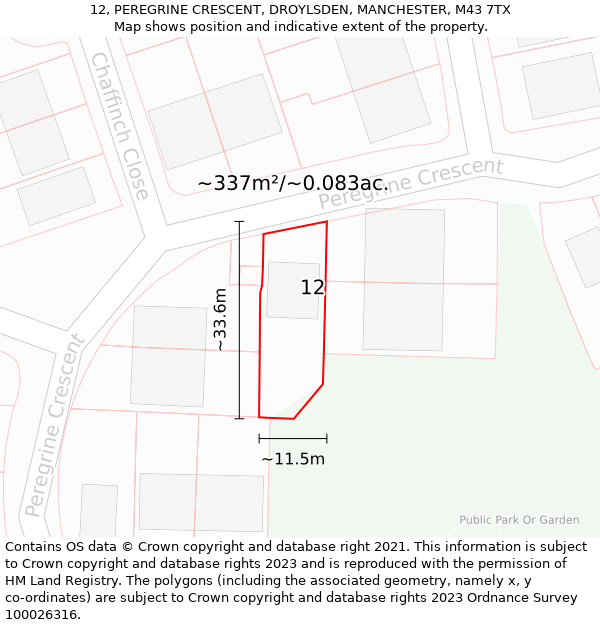 12, PEREGRINE CRESCENT, DROYLSDEN, MANCHESTER, M43 7TX: Plot and title map