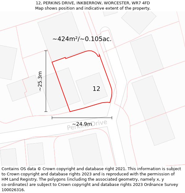 12, PERKINS DRIVE, INKBERROW, WORCESTER, WR7 4FD: Plot and title map