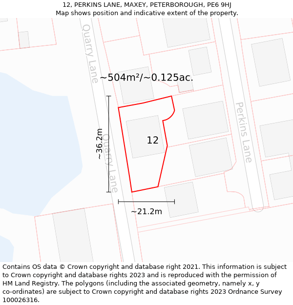 12, PERKINS LANE, MAXEY, PETERBOROUGH, PE6 9HJ: Plot and title map