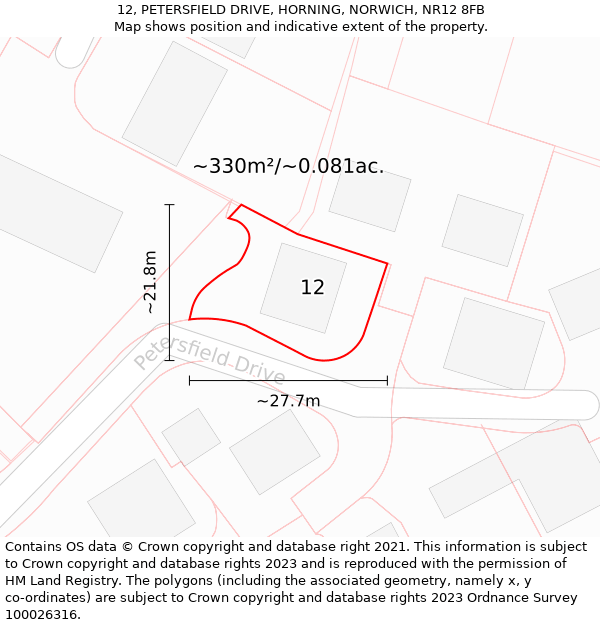 12, PETERSFIELD DRIVE, HORNING, NORWICH, NR12 8FB: Plot and title map