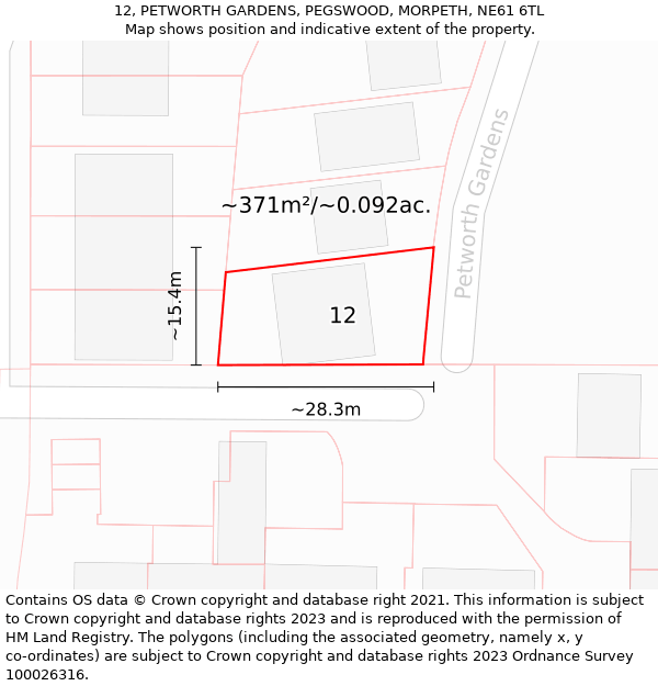 12, PETWORTH GARDENS, PEGSWOOD, MORPETH, NE61 6TL: Plot and title map