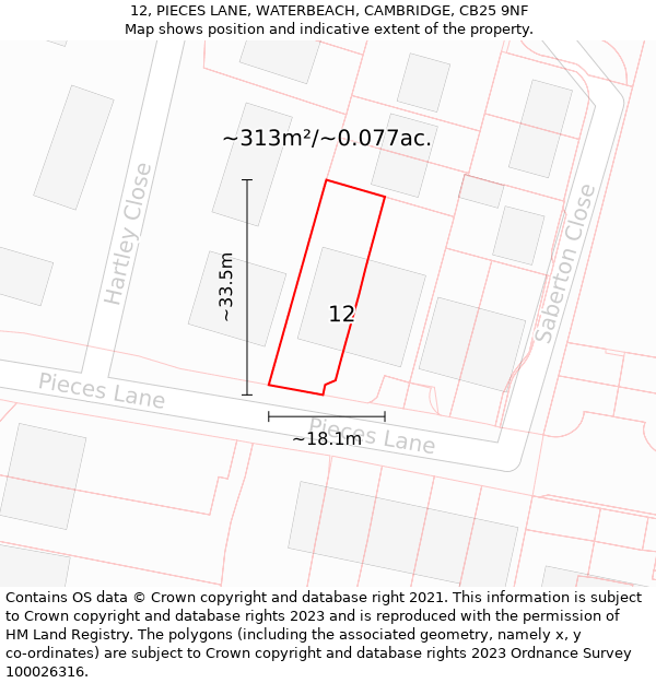 12, PIECES LANE, WATERBEACH, CAMBRIDGE, CB25 9NF: Plot and title map