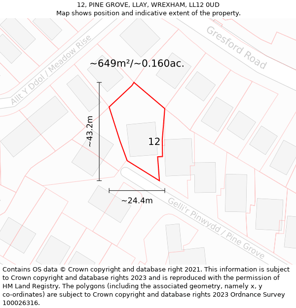 12, PINE GROVE, LLAY, WREXHAM, LL12 0UD: Plot and title map