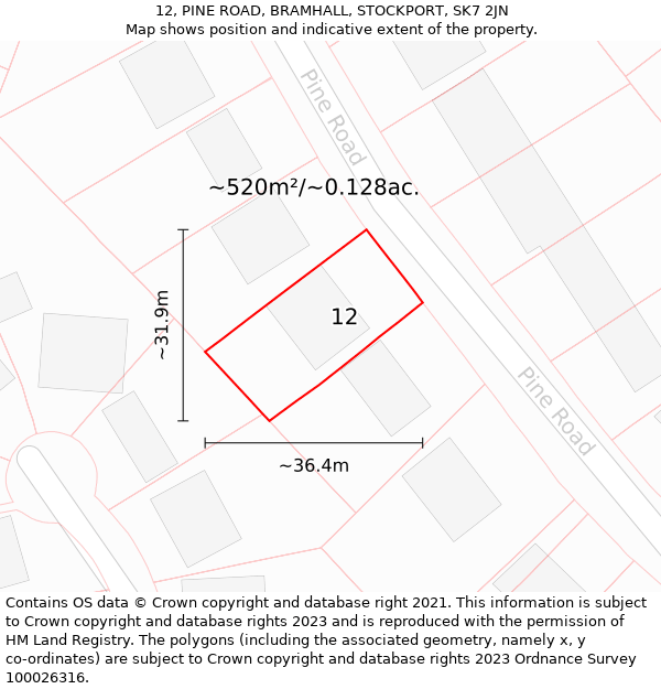 12, PINE ROAD, BRAMHALL, STOCKPORT, SK7 2JN: Plot and title map