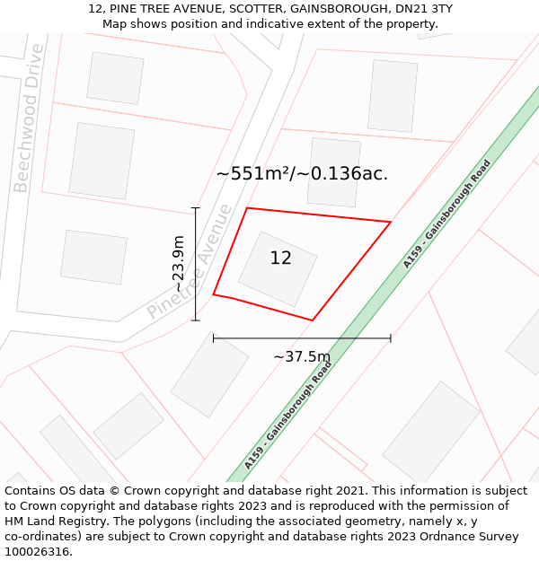 12, PINE TREE AVENUE, SCOTTER, GAINSBOROUGH, DN21 3TY: Plot and title map