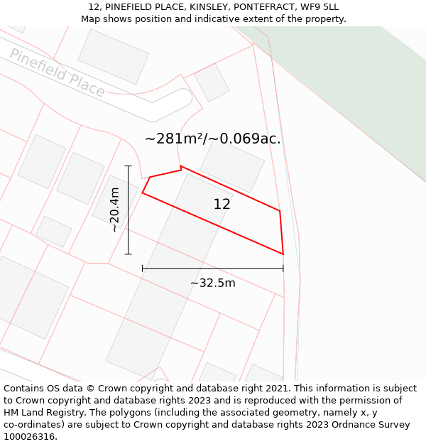 12, PINEFIELD PLACE, KINSLEY, PONTEFRACT, WF9 5LL: Plot and title map