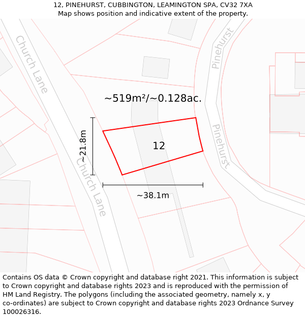 12, PINEHURST, CUBBINGTON, LEAMINGTON SPA, CV32 7XA: Plot and title map