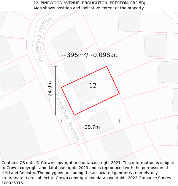 12, PINEWOOD AVENUE, BROUGHTON, PRESTON, PR3 5DJ: Plot and title map