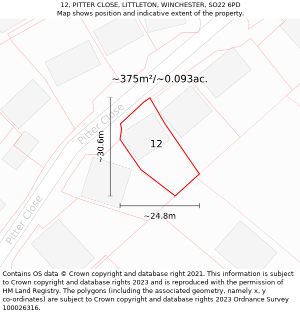 12, PITTER CLOSE, LITTLETON, WINCHESTER, SO22 6PD: Plot and title map