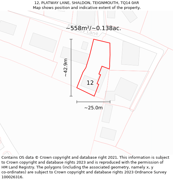 12, PLATWAY LANE, SHALDON, TEIGNMOUTH, TQ14 0AR: Plot and title map