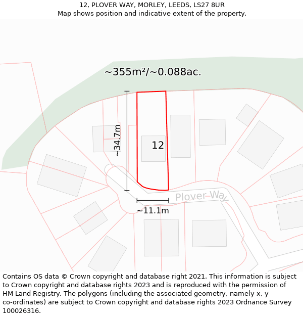 12, PLOVER WAY, MORLEY, LEEDS, LS27 8UR: Plot and title map