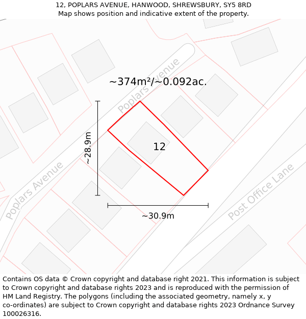 12, POPLARS AVENUE, HANWOOD, SHREWSBURY, SY5 8RD: Plot and title map