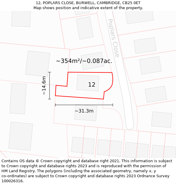 12, POPLARS CLOSE, BURWELL, CAMBRIDGE, CB25 0ET: Plot and title map