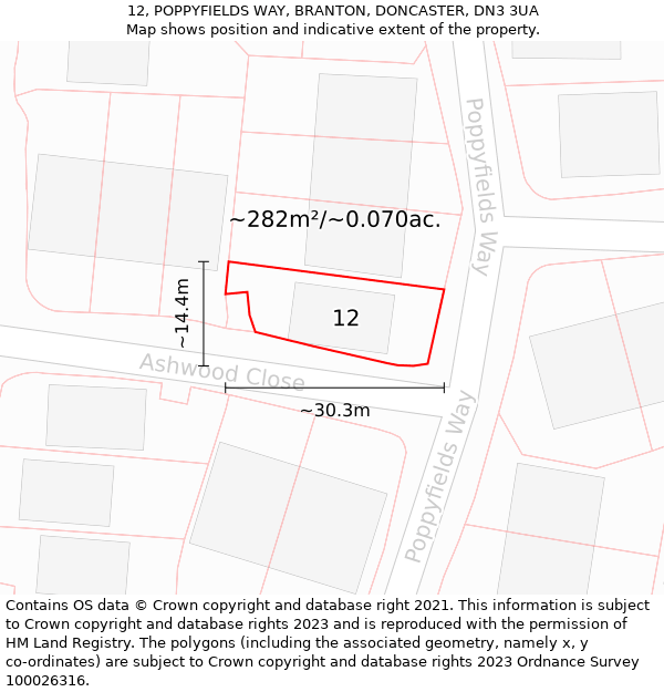 12, POPPYFIELDS WAY, BRANTON, DONCASTER, DN3 3UA: Plot and title map