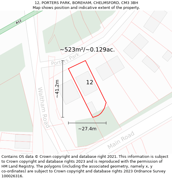 12, PORTERS PARK, BOREHAM, CHELMSFORD, CM3 3BH: Plot and title map