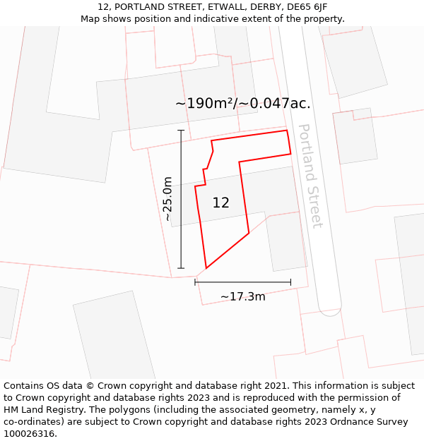 12, PORTLAND STREET, ETWALL, DERBY, DE65 6JF: Plot and title map