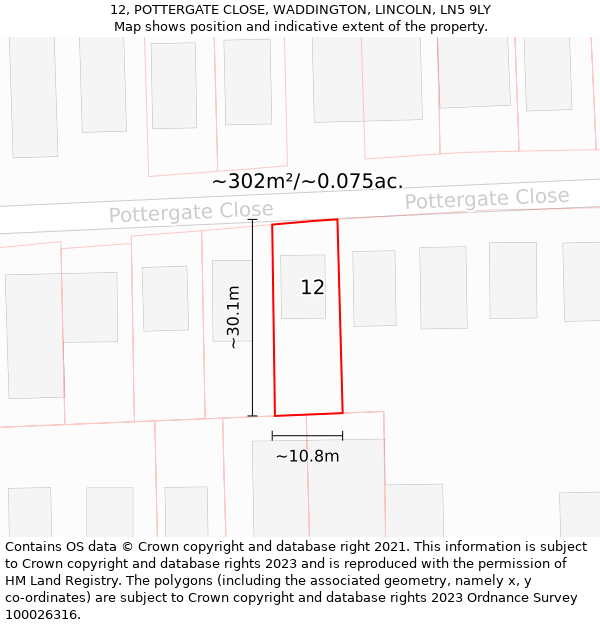 12, POTTERGATE CLOSE, WADDINGTON, LINCOLN, LN5 9LY: Plot and title map