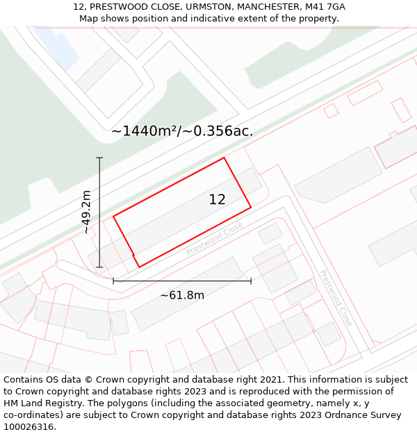 12, PRESTWOOD CLOSE, URMSTON, MANCHESTER, M41 7GA: Plot and title map