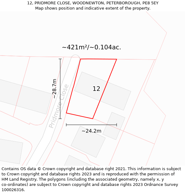 12, PRIDMORE CLOSE, WOODNEWTON, PETERBOROUGH, PE8 5EY: Plot and title map