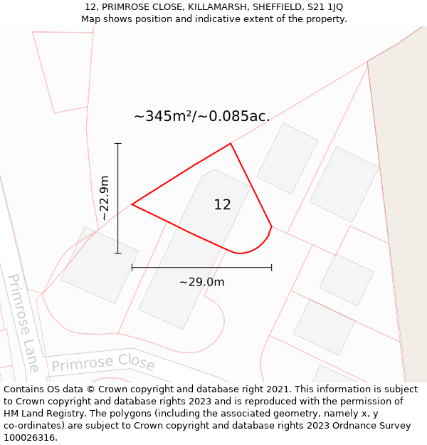 12, PRIMROSE CLOSE, KILLAMARSH, SHEFFIELD, S21 1JQ: Plot and title map