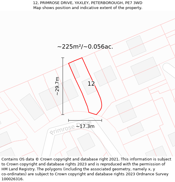 12, PRIMROSE DRIVE, YAXLEY, PETERBOROUGH, PE7 3WD: Plot and title map