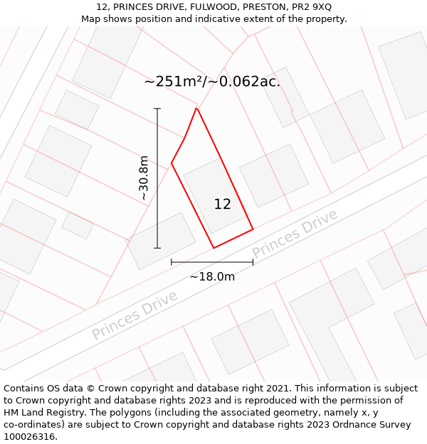 12, PRINCES DRIVE, FULWOOD, PRESTON, PR2 9XQ: Plot and title map