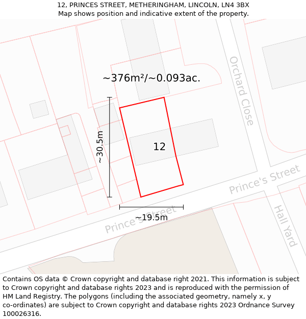 12, PRINCES STREET, METHERINGHAM, LINCOLN, LN4 3BX: Plot and title map