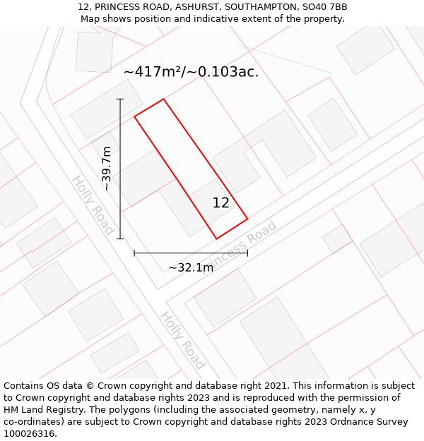 12, PRINCESS ROAD, ASHURST, SOUTHAMPTON, SO40 7BB: Plot and title map