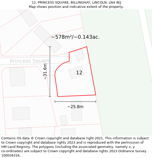 12, PRINCESS SQUARE, BILLINGHAY, LINCOLN, LN4 4EJ: Plot and title map