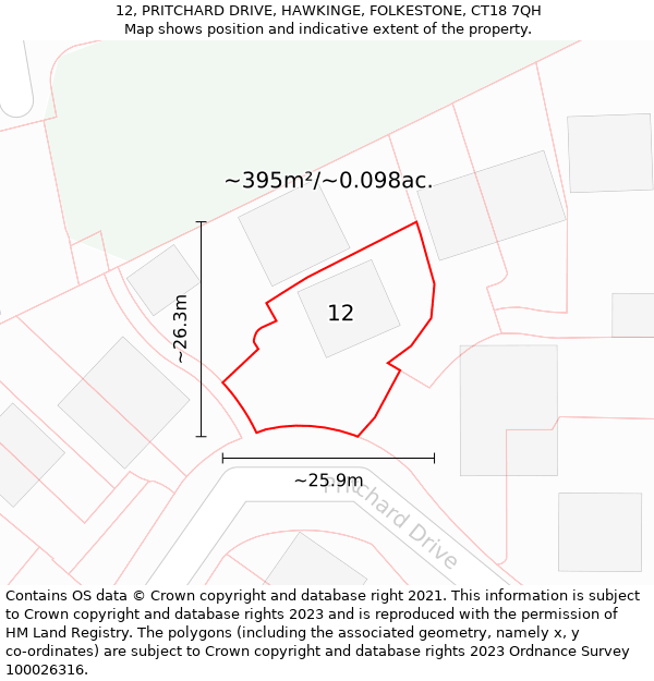 12, PRITCHARD DRIVE, HAWKINGE, FOLKESTONE, CT18 7QH: Plot and title map