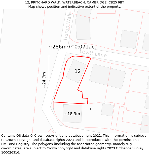 12, PRITCHARD WALK, WATERBEACH, CAMBRIDGE, CB25 9BT: Plot and title map