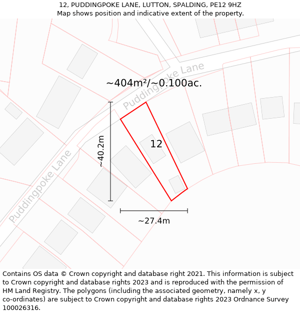 12, PUDDINGPOKE LANE, LUTTON, SPALDING, PE12 9HZ: Plot and title map