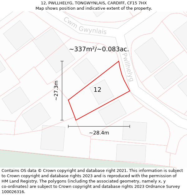 12, PWLLHELYG, TONGWYNLAIS, CARDIFF, CF15 7HX: Plot and title map