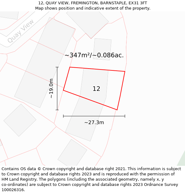 12, QUAY VIEW, FREMINGTON, BARNSTAPLE, EX31 3FT: Plot and title map