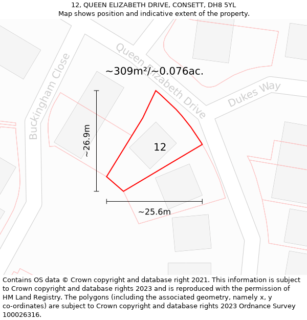 12, QUEEN ELIZABETH DRIVE, CONSETT, DH8 5YL: Plot and title map